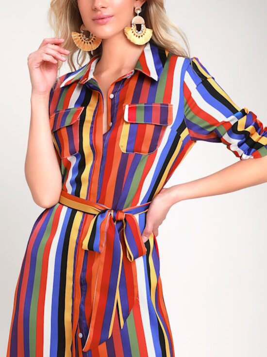 Lulus Dresses & Skirts - Lulus Amuse Me Rainbow Striped Long Sleeve Midi Shirt Dress Other - Size XS